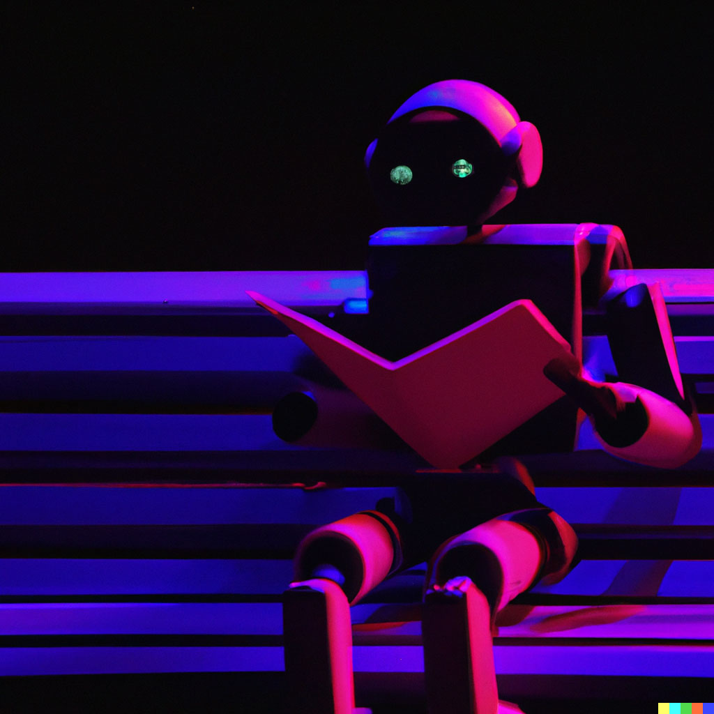 DALL·E prompt: A robot sitting on a bench reading a book at night, blue and pink lighting, Film still from La La Land (2016)
